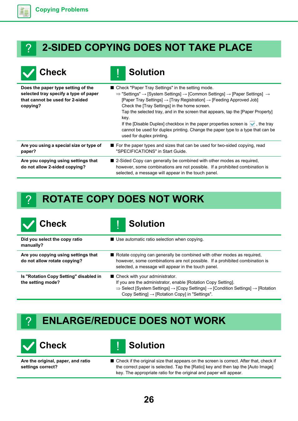 Sided copying does not take place, Are you using a special size or type of paper, Rotate copy does not work | Did you select the copy ratio manually, Enlarge/reduce does not work, Check solution | Sharp MX-6070N User Manual | Page 26 / 60