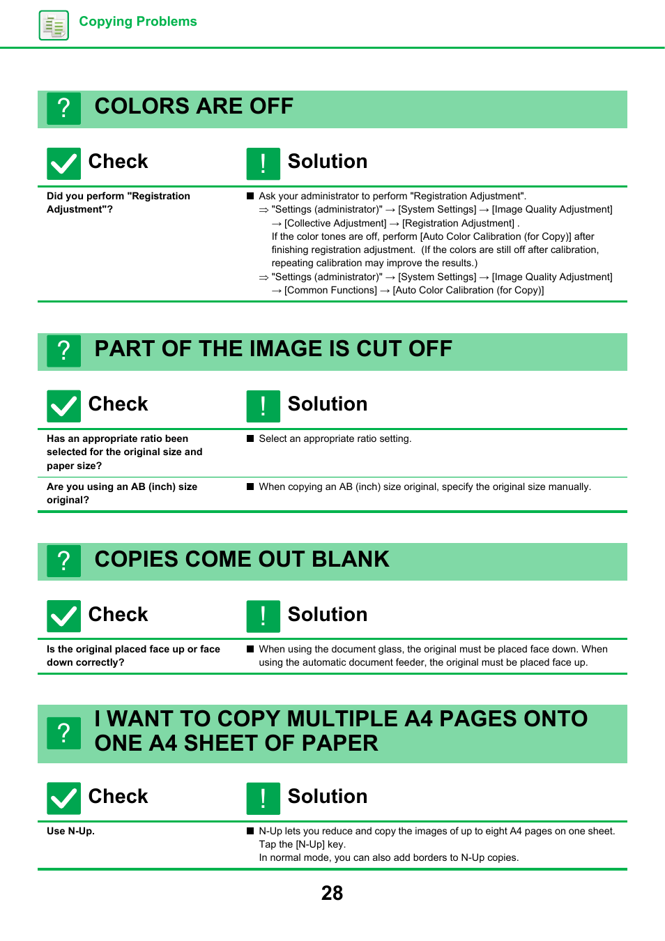 Colors are off, Did you perform "registration adjustment, Part of the image is cut off | Are you using an ab (inch) size original, Copies come out blank, Use n-up, Check solution | Sharp MX-6070N User Manual | Page 28 / 60