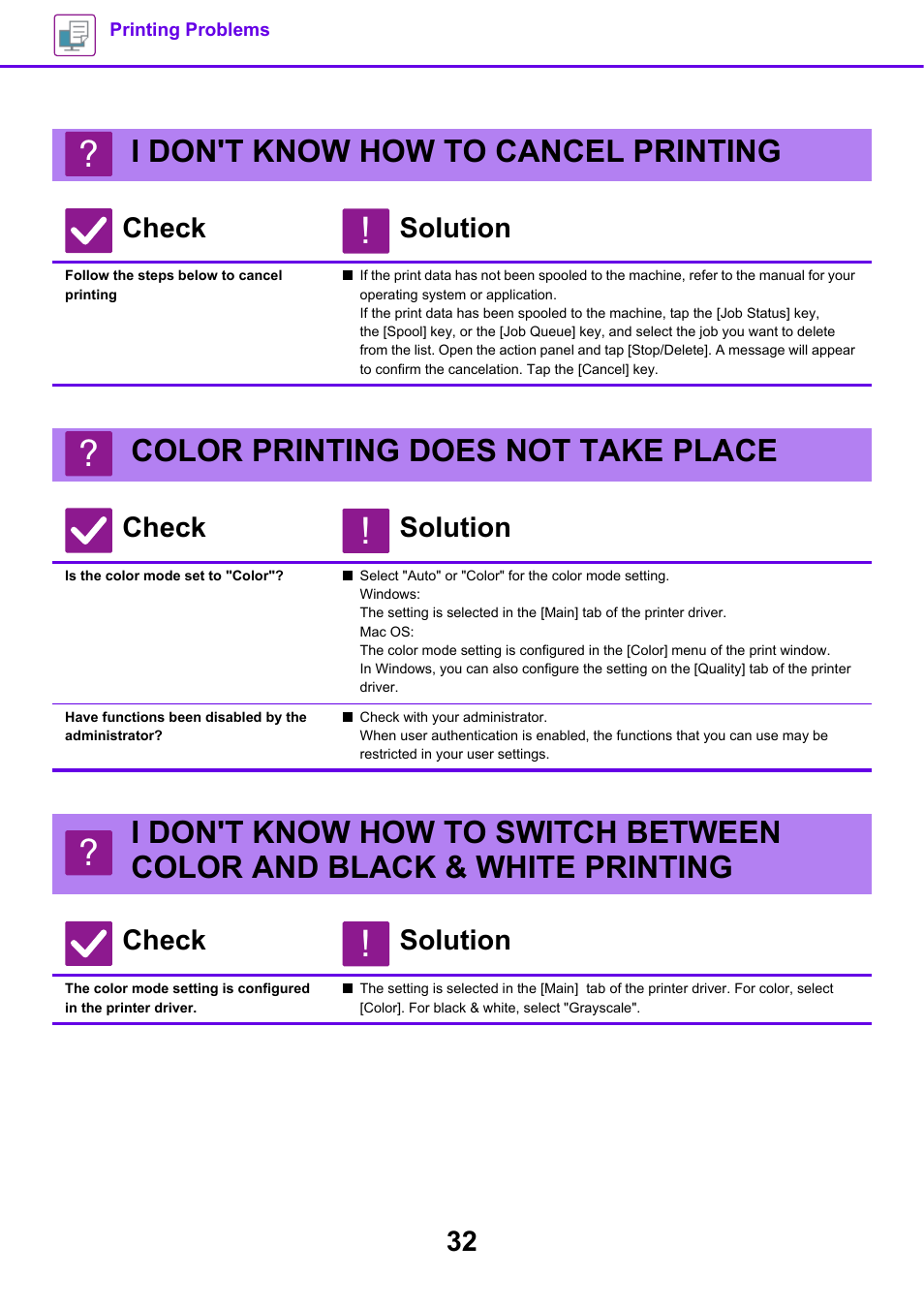 I don't know how to cancel printing, Follow the steps below to cancel printing, Color printing does not take place | Is the color mode set to 