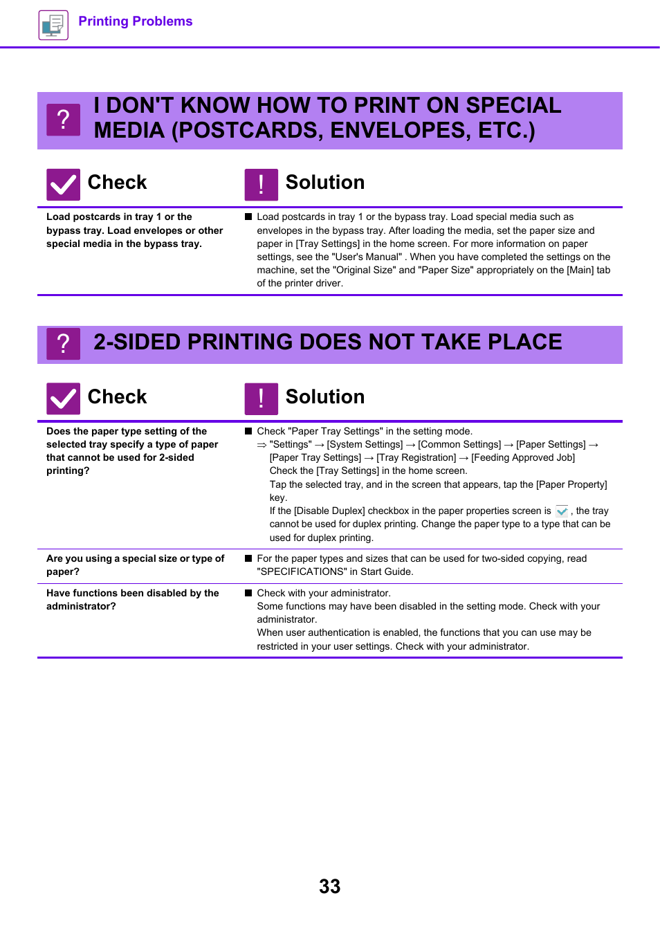 Sided printing does not take place, Are you using a special size or type of paper, Have functions been disabled by the administrator | Check solution | Sharp MX-6070N User Manual | Page 33 / 60