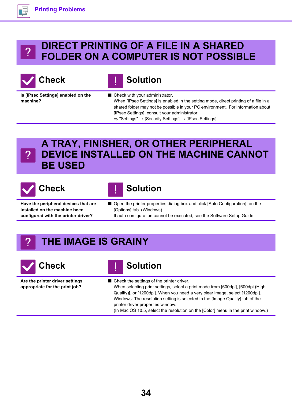 Is [ipsec settings] enabled on the machine, The image is grainy, Check solution | Sharp MX-6070N User Manual | Page 34 / 60