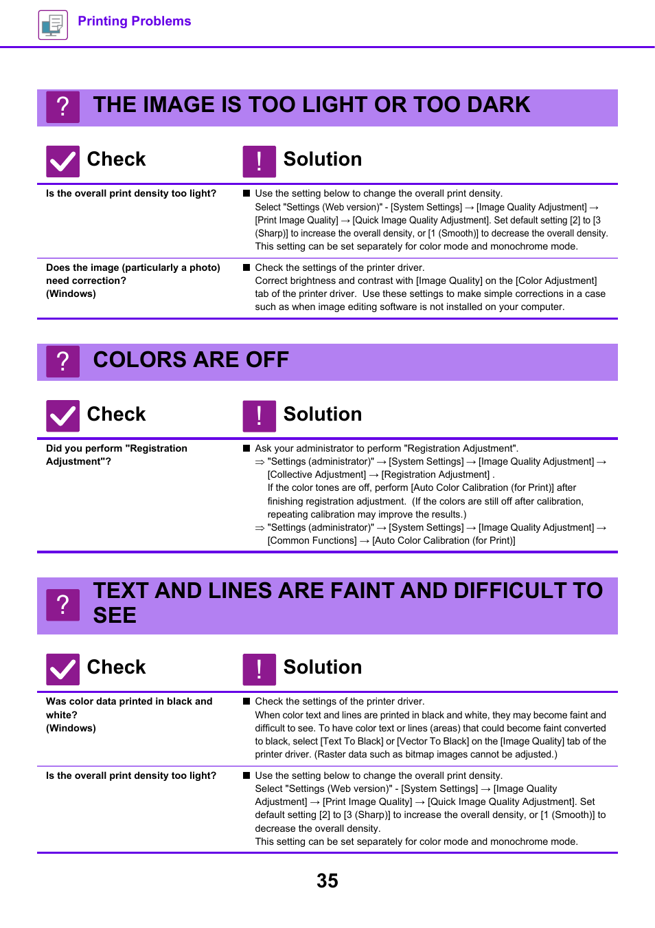 The image is too light or too dark, Is the overall print density too light, Colors are off | Did you perform "registration adjustment, Text and lines are faint and difficult to see, Was color data printed in black and white, Windows), Check solution | Sharp MX-6070N User Manual | Page 35 / 60