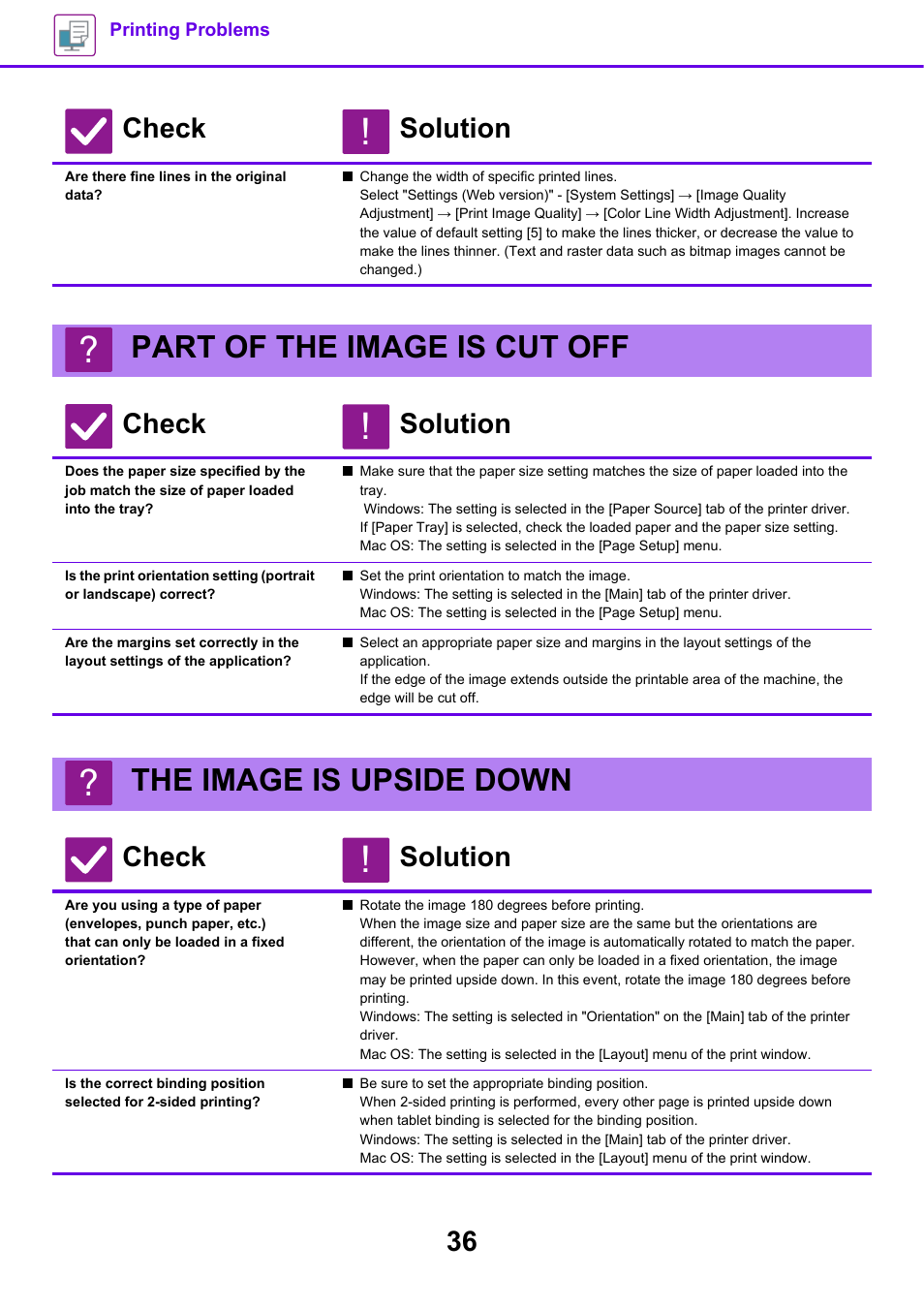 Are there fine lines in the original data, Part of the image is cut off, The image is upside down | Check solution | Sharp MX-6070N User Manual | Page 36 / 60