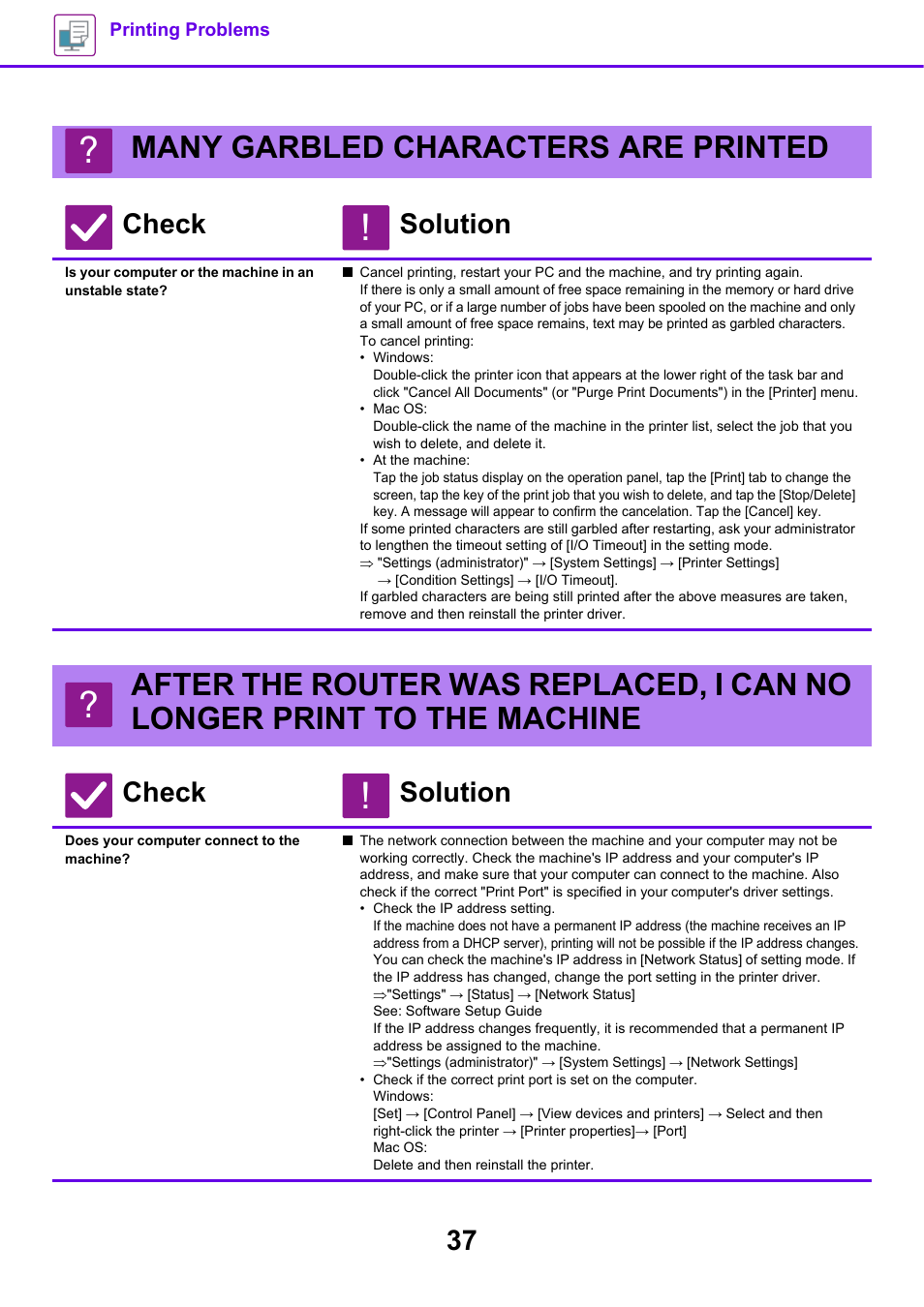 Many garbled characters are printed, Does your computer connect to the machine, Check solution | Sharp MX-6070N User Manual | Page 37 / 60