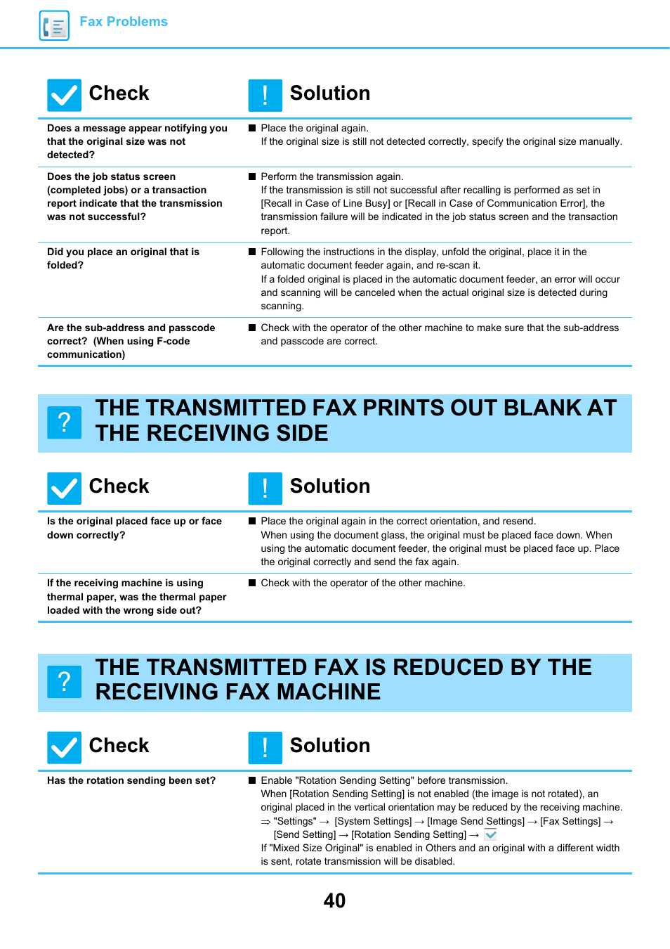 Did you place an original that is folded, Has the rotation sending been set, Check solution | Sharp MX-6070N User Manual | Page 40 / 60