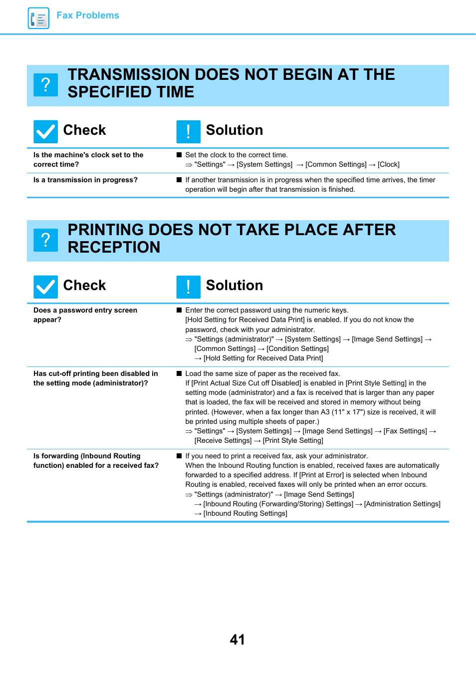 Transmission does not begin at the specified time, Is the machine's clock set to the correct time, Is a transmission in progress | Printing does not take place after reception, Does a password entry screen appear, Check solution | Sharp MX-6070N User Manual | Page 41 / 60