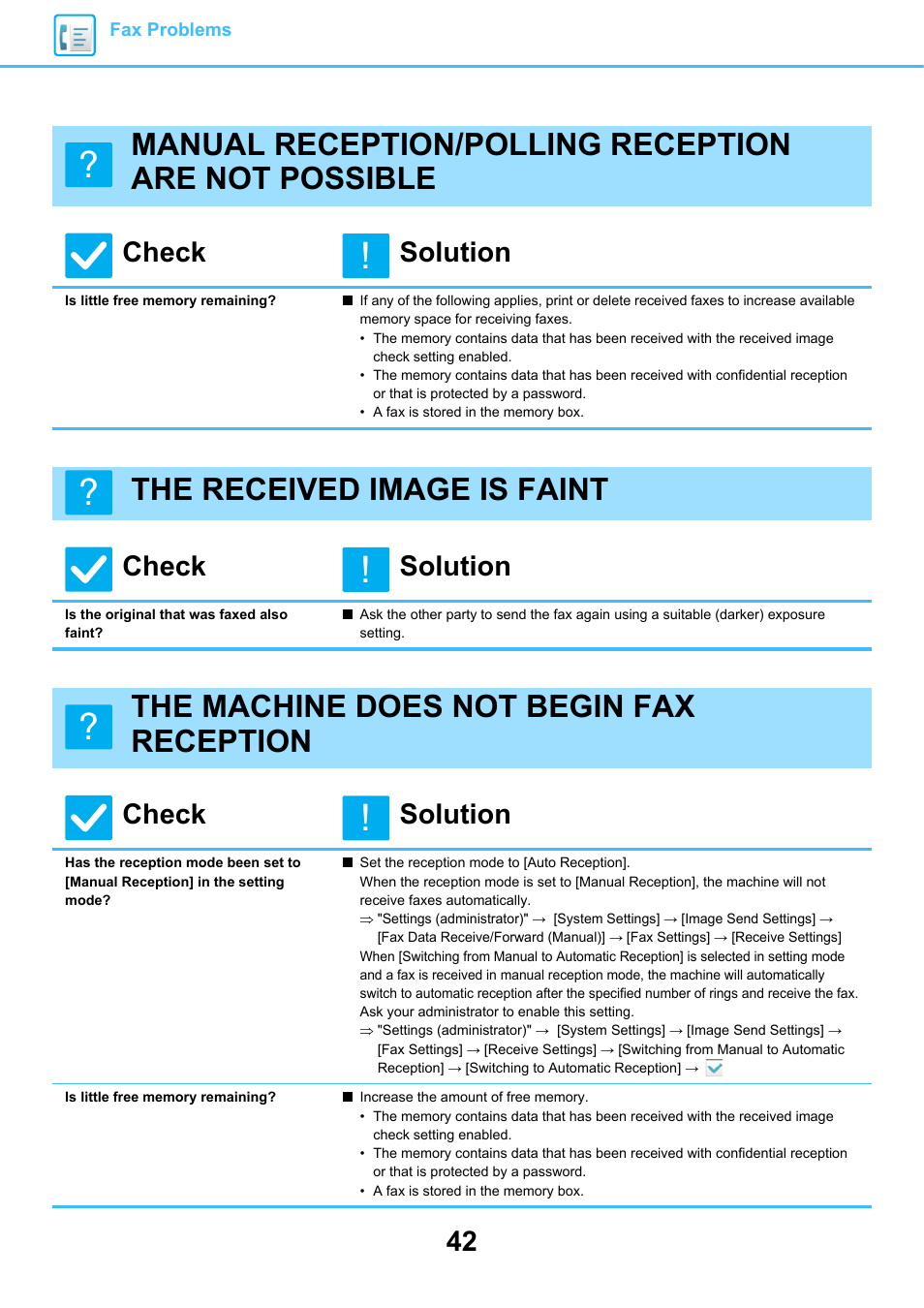 Is little free memory remaining, The received image is faint, Is the original that was faxed also faint | The machine does not begin fax reception, Check solution | Sharp MX-6070N User Manual | Page 42 / 60