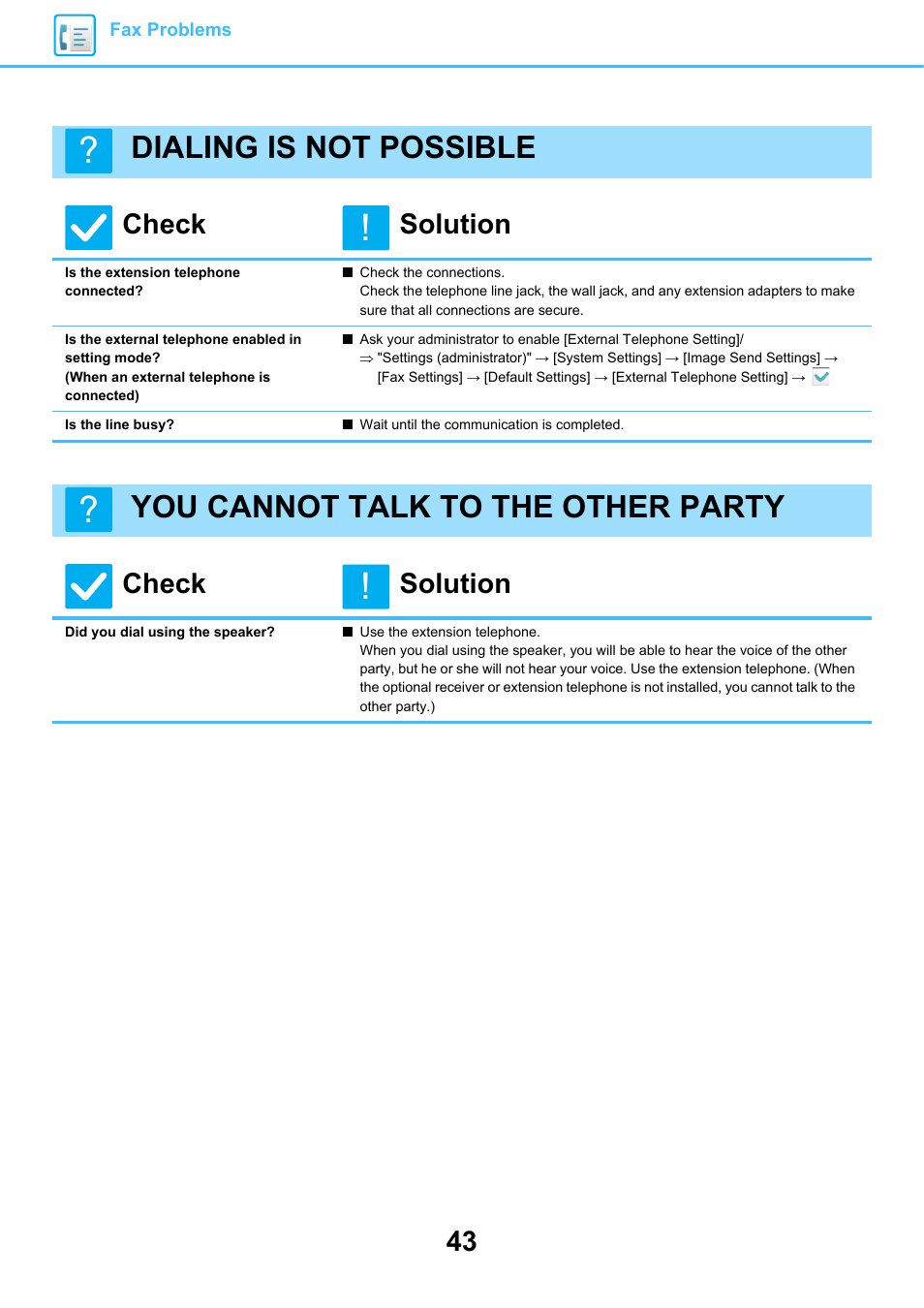 Dialing is not possible, Is the extension telephone connected, Is the line busy | You cannot talk to the other party, Did you dial using the speaker, Check solution | Sharp MX-6070N User Manual | Page 43 / 60