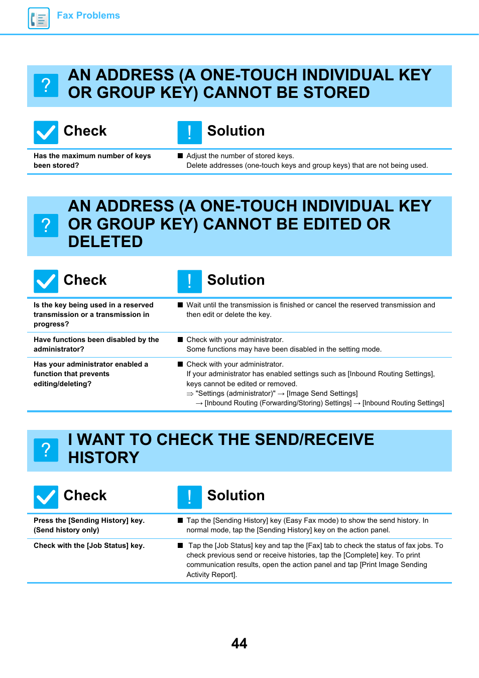 Has the maximum number of keys been stored, Have functions been disabled by the administrator, I want to check the send/receive history | Check with the [job status] key, Check solution | Sharp MX-6070N User Manual | Page 44 / 60