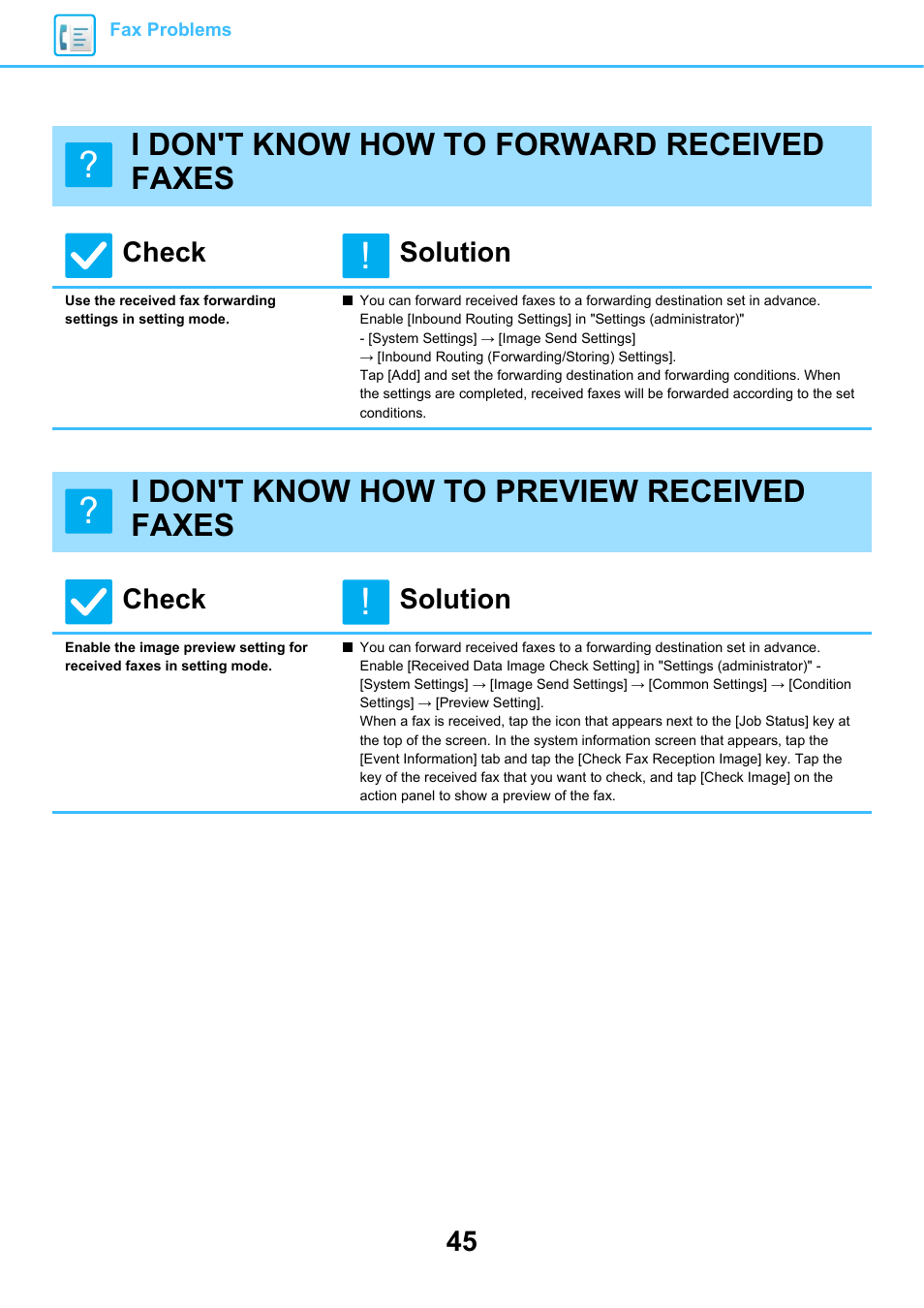 I don't know how to forward received faxes, I don't know how to preview received faxes, Check solution | Sharp MX-6070N User Manual | Page 45 / 60