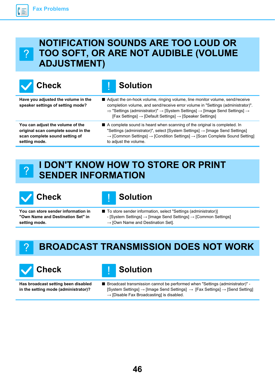 Broadcast transmission does not work, Check solution | Sharp MX-6070N User Manual | Page 46 / 60