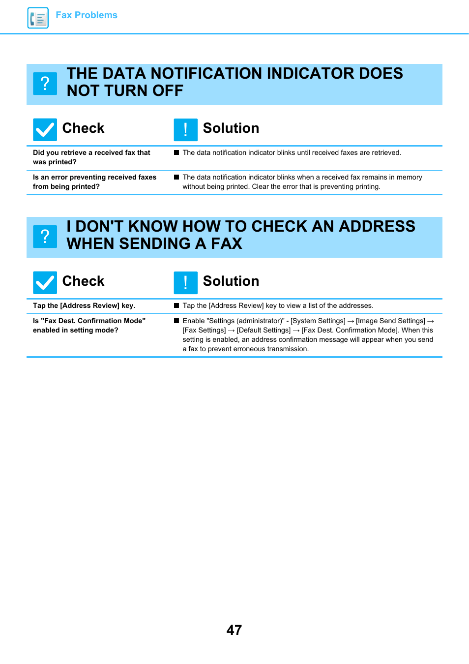 The data notification indicator does not turn off, Did you retrieve a received fax that was printed, Tap the [address review] key | Check solution | Sharp MX-6070N User Manual | Page 47 / 60