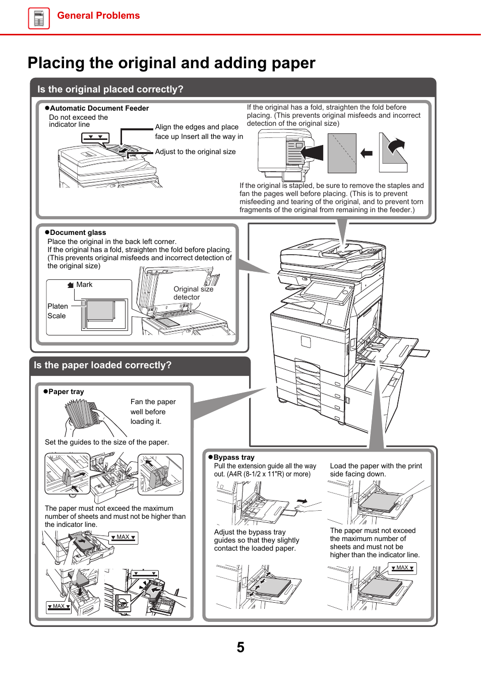 Placing the original and adding paper, General problems | Sharp MX-6070N User Manual | Page 5 / 60