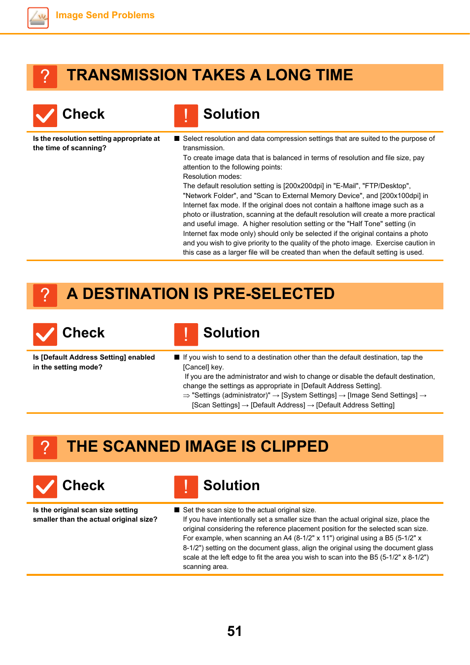 Transmission takes a long time, A destination is pre-selected, The scanned image is clipped | Check solution | Sharp MX-6070N User Manual | Page 51 / 60