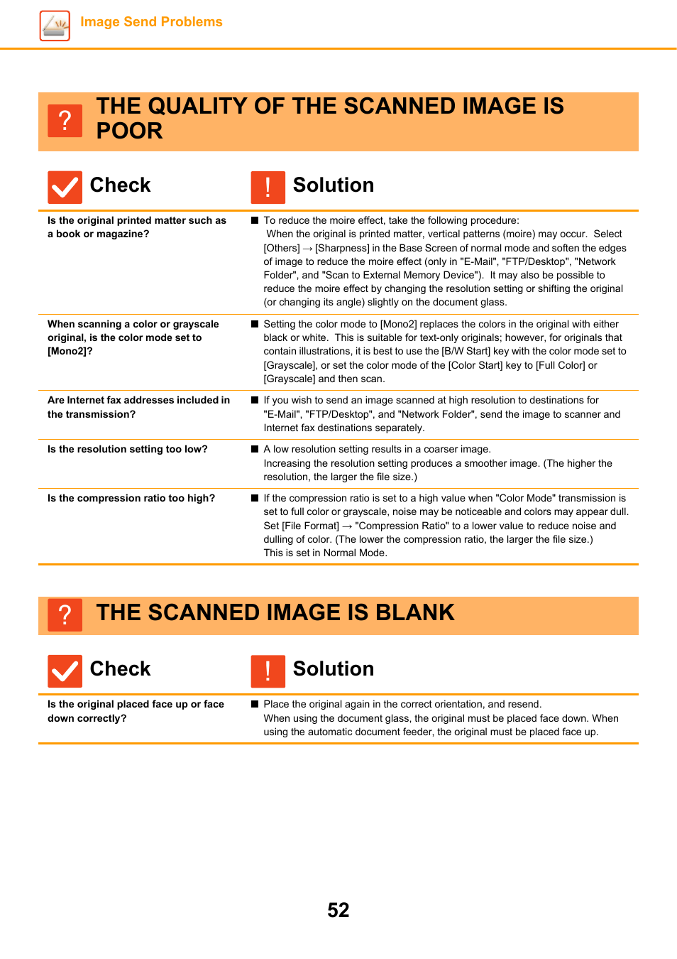 The quality of the scanned image is poor, Is the resolution setting too low, Is the compression ratio too high | The scanned image is blank, Check solution | Sharp MX-6070N User Manual | Page 52 / 60