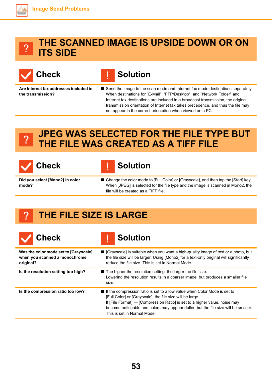 The scanned image is upside down or on its side, Did you select [mono2] in color mode, The file size is large | Is the resolution setting too high, Is the compression ratio too low, Check solution | Sharp MX-6070N User Manual | Page 53 / 60