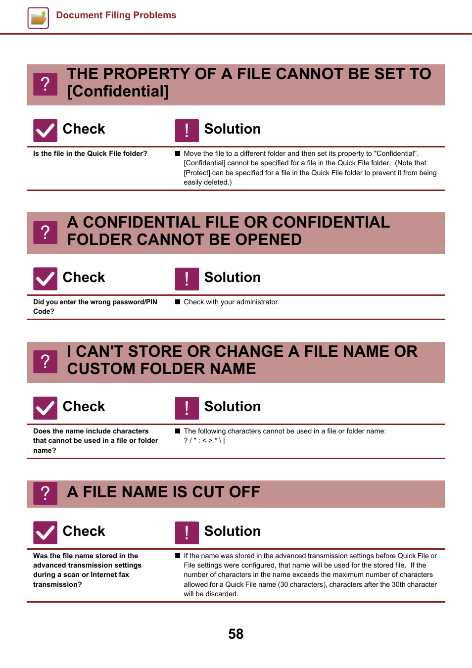 Is the file in the quick file folder, Did you enter the wrong password/pin code, A file name is cut off | Sharp MX-6070N User Manual | Page 58 / 60