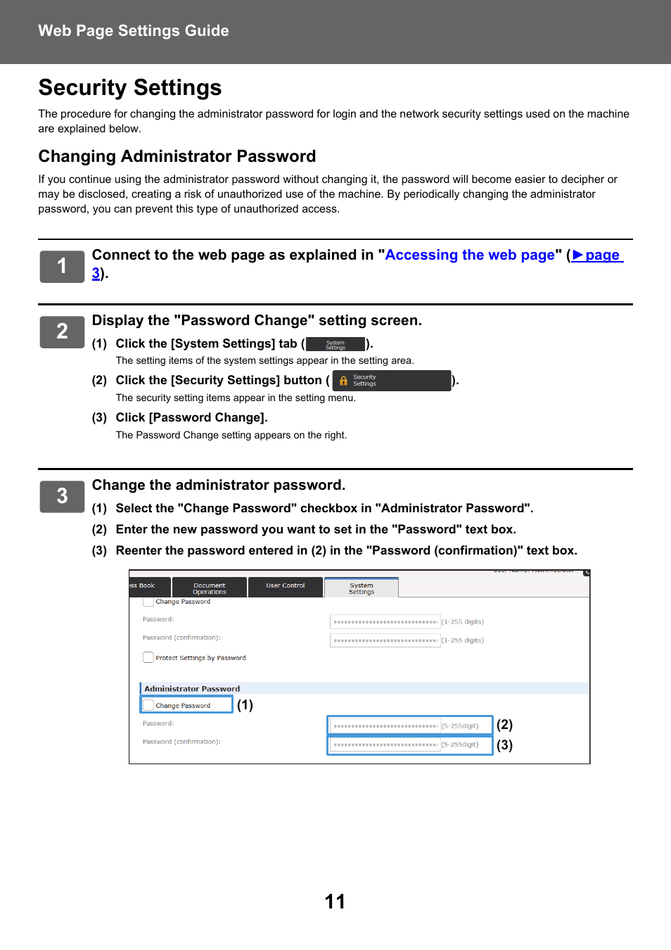 Security settings, Changing administrator password | Sharp MX-6070N User Manual | Page 11 / 38