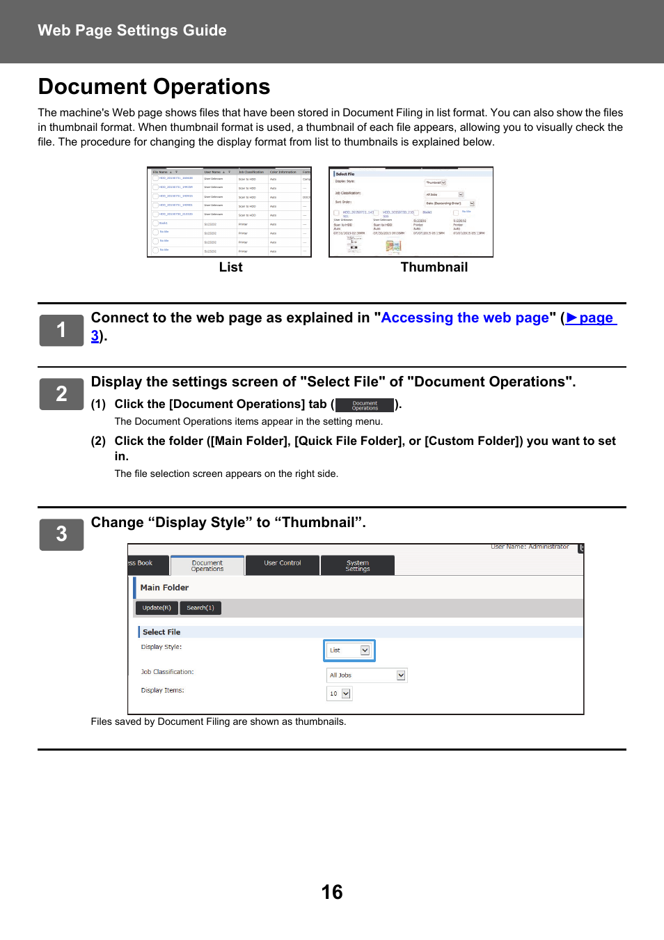 Document operations, Web page settings guide, Change “display style” to “thumbnail | List thumbnail | Sharp MX-6070N User Manual | Page 16 / 38