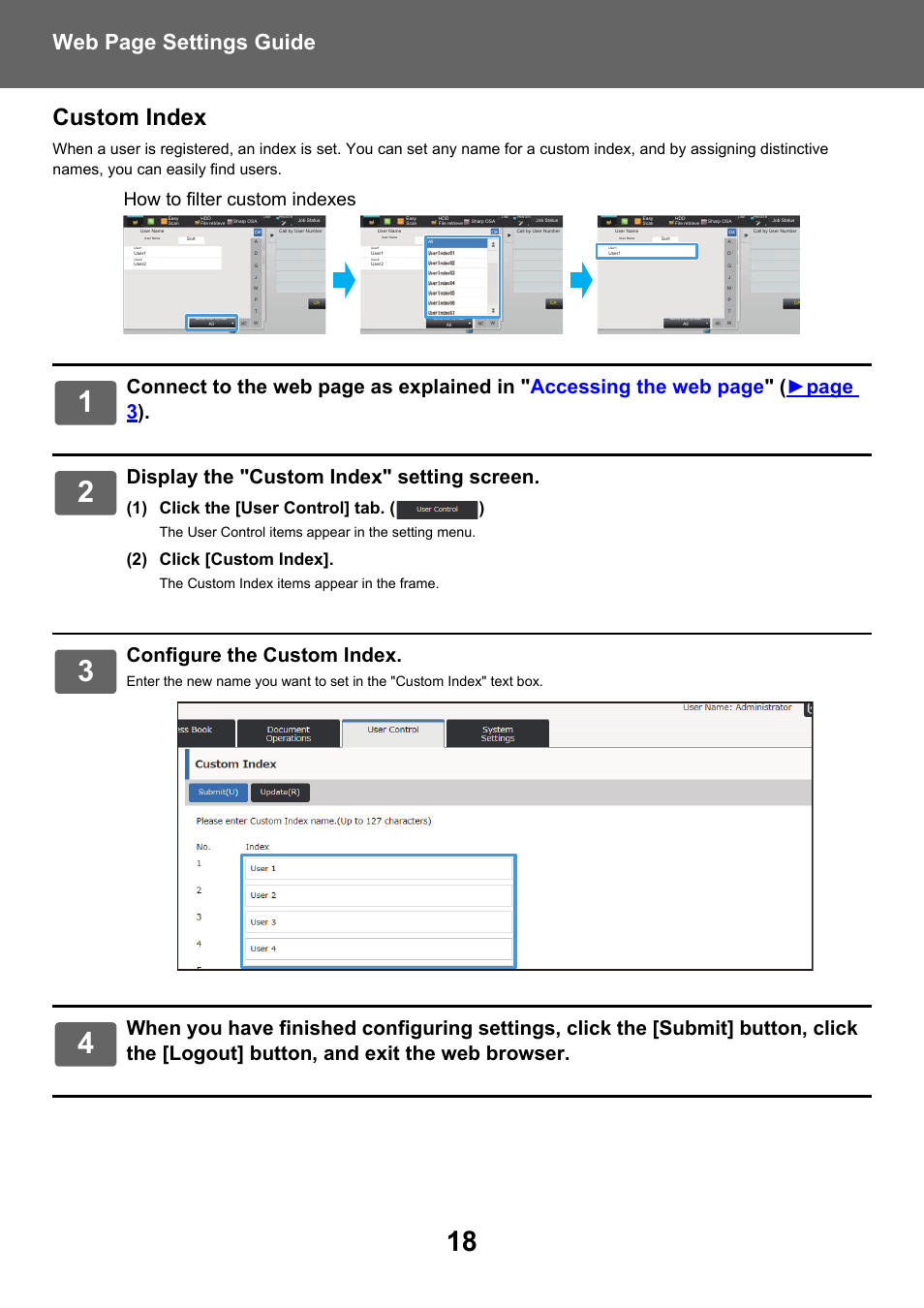 Custom index, Web page settings guide, Display the "custom index" setting screen | Configure the custom index, How to filter custom indexes, 1) click the [user control] tab. ( ), 2) click [custom index, The user control items appear in the setting menu, The custom index items appear in the frame | Sharp MX-6070N User Manual | Page 18 / 38