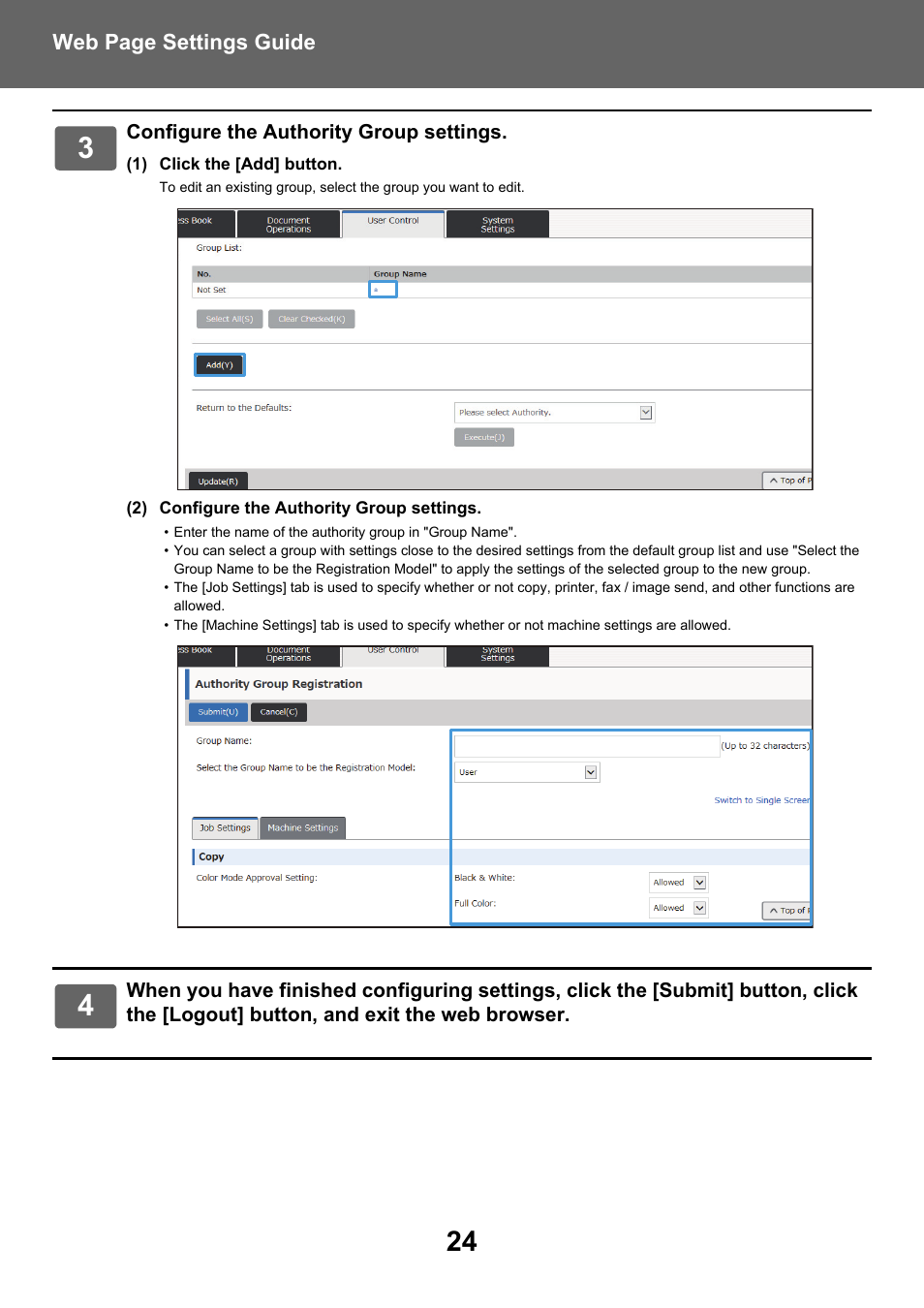 Web page settings guide | Sharp MX-6070N User Manual | Page 24 / 38