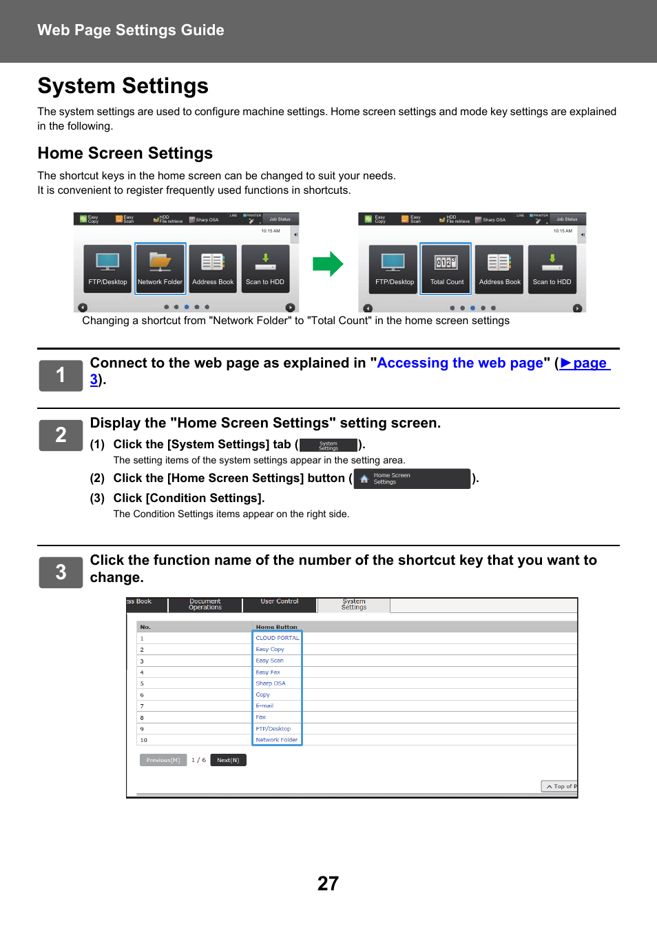 System settings, Home screen settings, Web page settings guide | Display the "home screen settings" setting screen | Sharp MX-6070N User Manual | Page 27 / 38