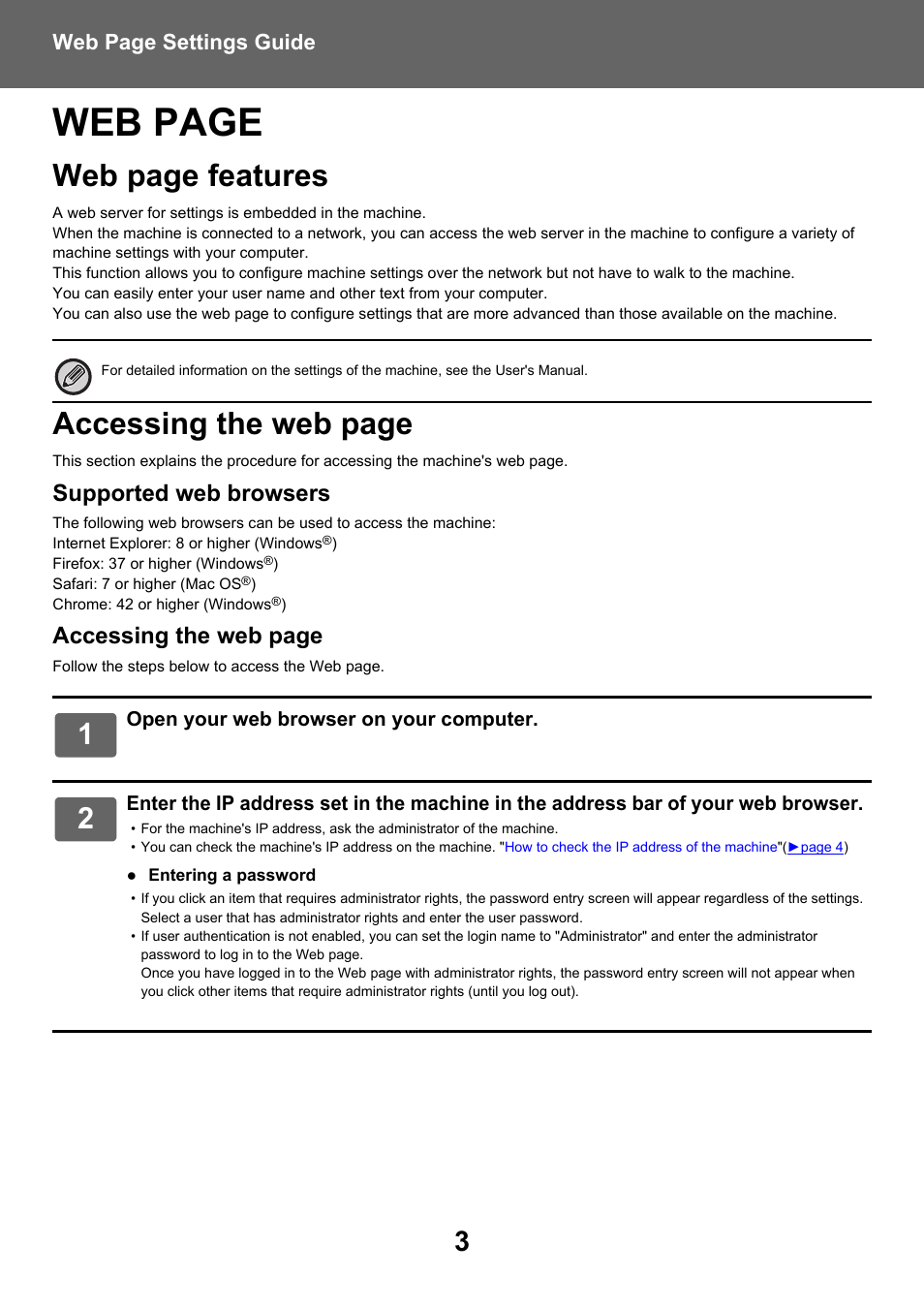 Web page, Web page features, Accessing the web page | Supported web browsers, Web page settings guide | Sharp MX-6070N User Manual | Page 3 / 38