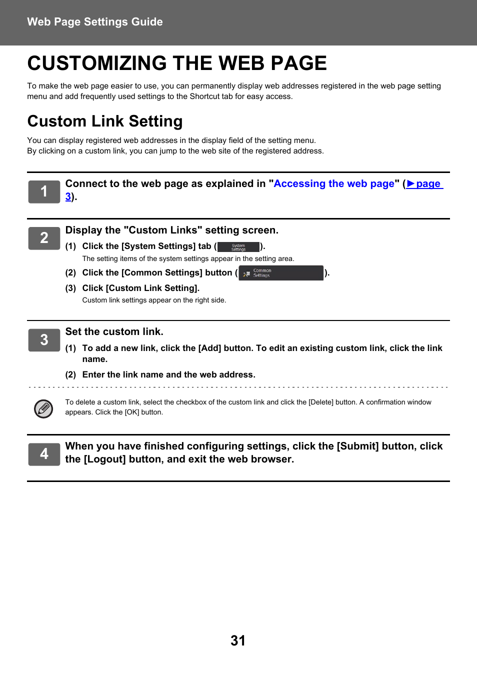 Custom link setting, Customizing the web page | Sharp MX-6070N User Manual | Page 31 / 38