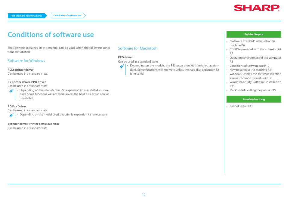 Conditions of software use p.10, Conditions of software use | Sharp MX-6070N User Manual | Page 10 / 46