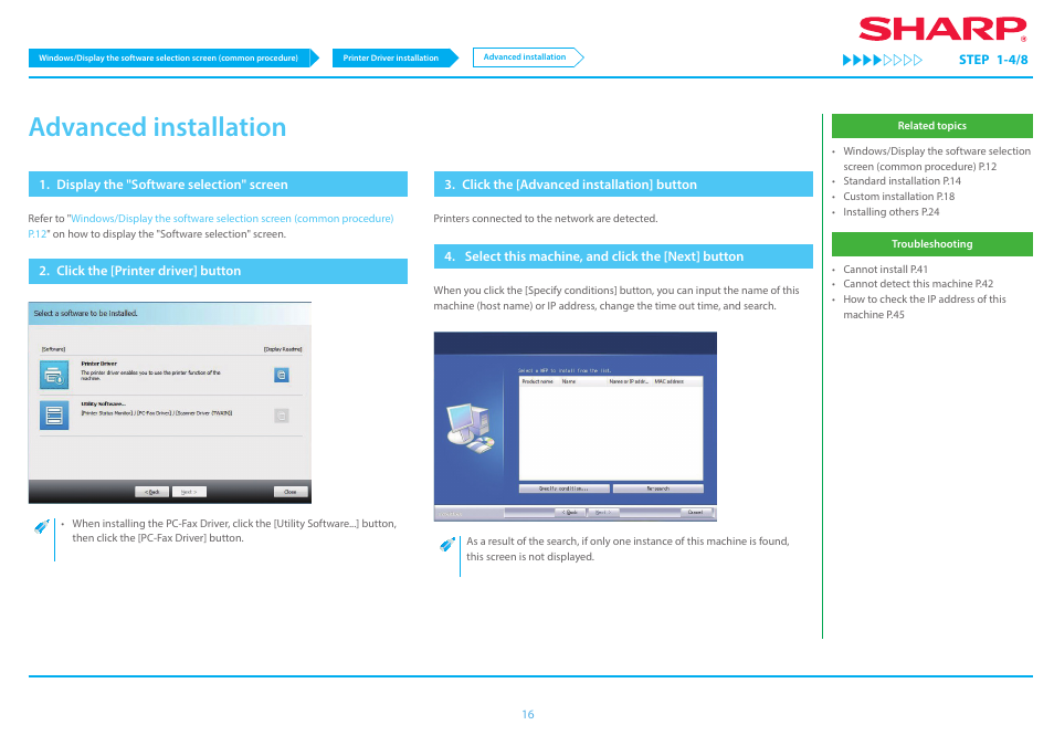 Advanced installation p.16, P.16, Advanced installation | Sharp MX-6070N User Manual | Page 16 / 46