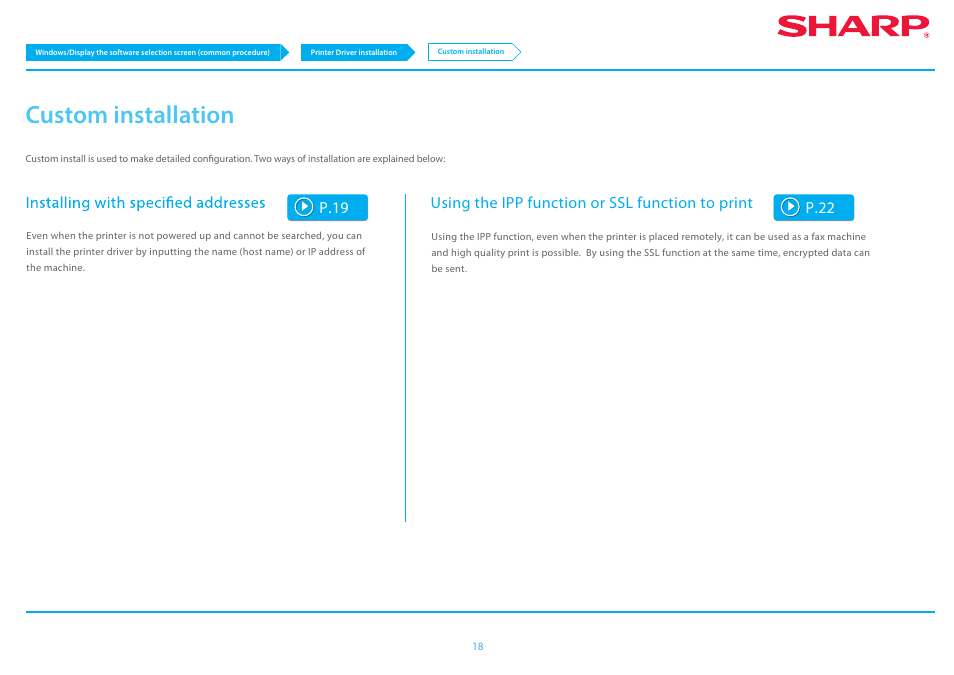 Custom installation p.18, P.18, Custom installation | Using the ipp function or ssl function to print, P.19, P.22 | Sharp MX-6070N User Manual | Page 18 / 46