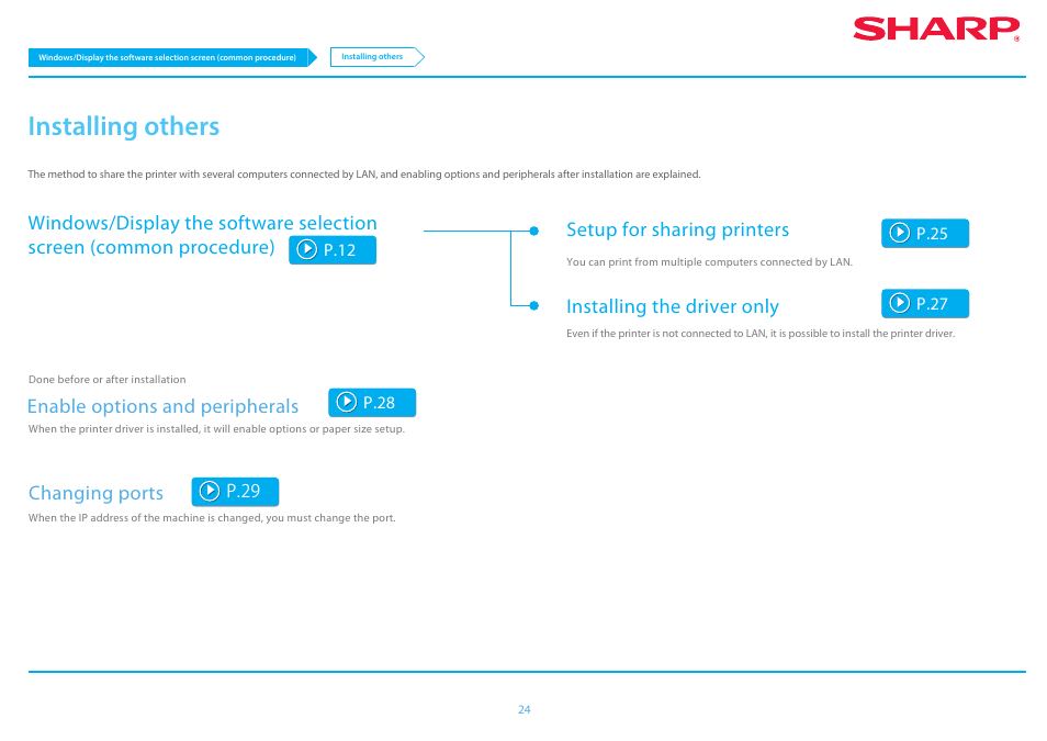 Installing others p.24, P.24, Installing others | Enable options and peripherals, Changing ports, Setup for sharing printers, Installing the driver only | Sharp MX-6070N User Manual | Page 24 / 46