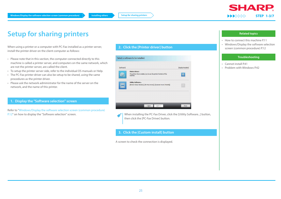 Setup for sharing printers p.25, P.25, Setup for sharing printers | Sharp MX-6070N User Manual | Page 25 / 46