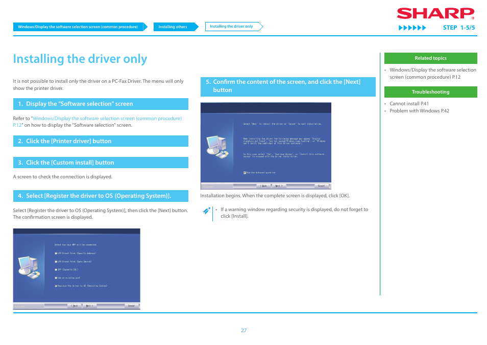 Installing the driver only p.27, P.27, Installing the driver only | Sharp MX-6070N User Manual | Page 27 / 46