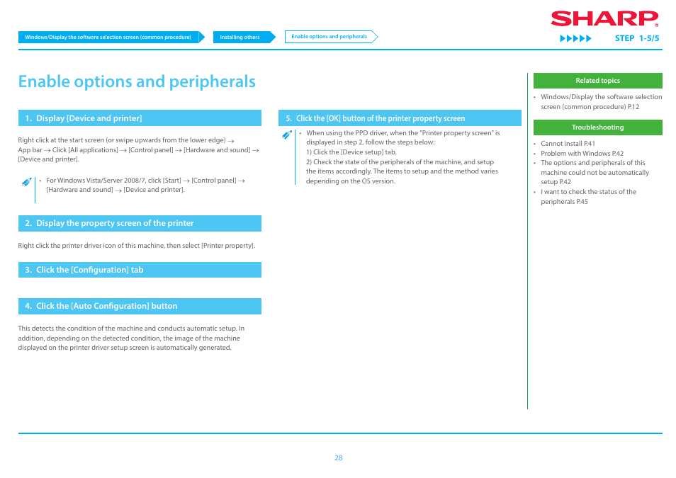 Enable options and peripherals p.28, P.28, Enable options and peripherals | Sharp MX-6070N User Manual | Page 28 / 46