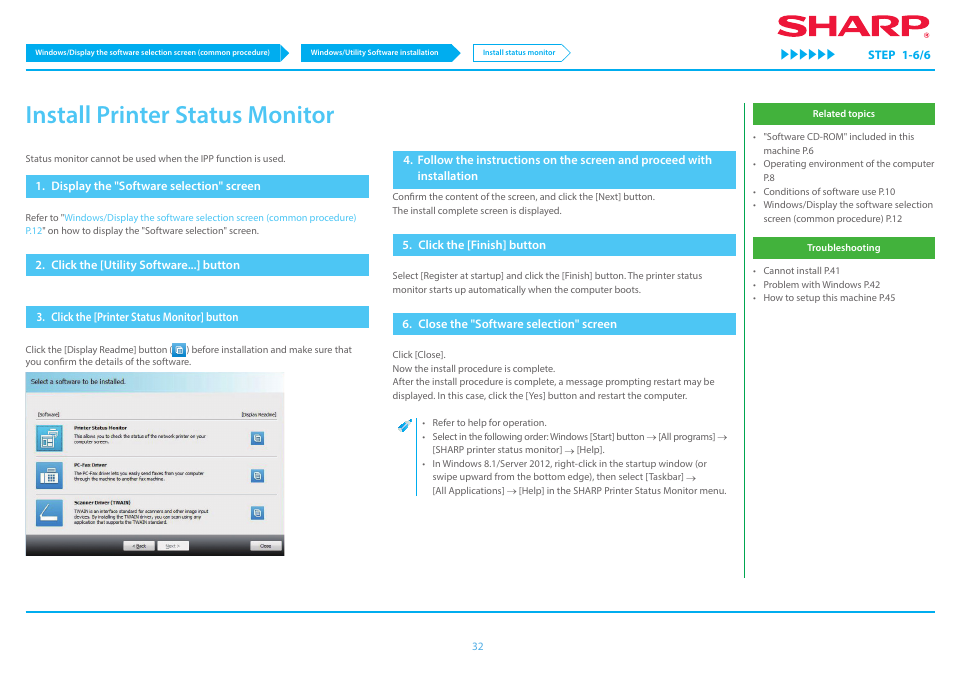 Install printer status monitor p.32, P.32, Install printer status monitor | Sharp MX-6070N User Manual | Page 32 / 46