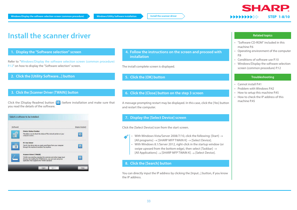 Install the scanner driver p.33, P.33, Install the scanner driver | Sharp MX-6070N User Manual | Page 33 / 46