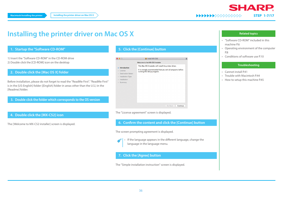 Installing the printer driver on mac os x p.36, P.36, Installing the printer driver on mac os x | Sharp MX-6070N User Manual | Page 36 / 46