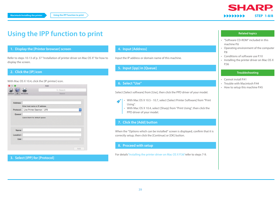 Using the ipp function to print p.39, P.39, Using the ipp function to print | Sharp MX-6070N User Manual | Page 39 / 46