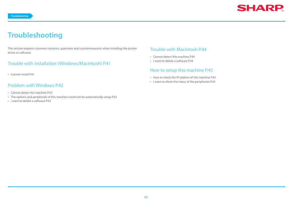 P. 40, Troubleshooting p.40, Troubleshooting | Sharp MX-6070N User Manual | Page 40 / 46