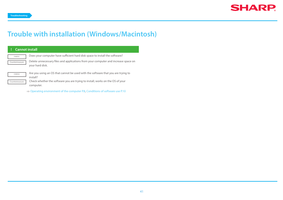 Trouble with installation (windows/macintosh) p.41, Cannot install p.41, Trouble with installation (windows/macintosh) | Sharp MX-6070N User Manual | Page 41 / 46