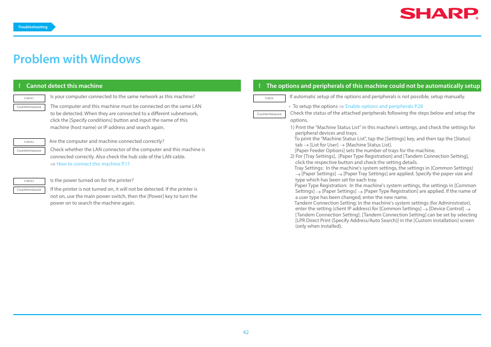 Problem with windows p.42, Cannot detect this machine p.42, The options and peripherals of this | Machine could not be automatically setup p.42, Problem with windows | Sharp MX-6070N User Manual | Page 42 / 46