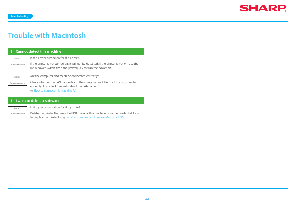 Trouble with macintosh p.44, Cannot detect this machine p.44, I want to delete a software p.44 | Trouble with macintosh | Sharp MX-6070N User Manual | Page 44 / 46