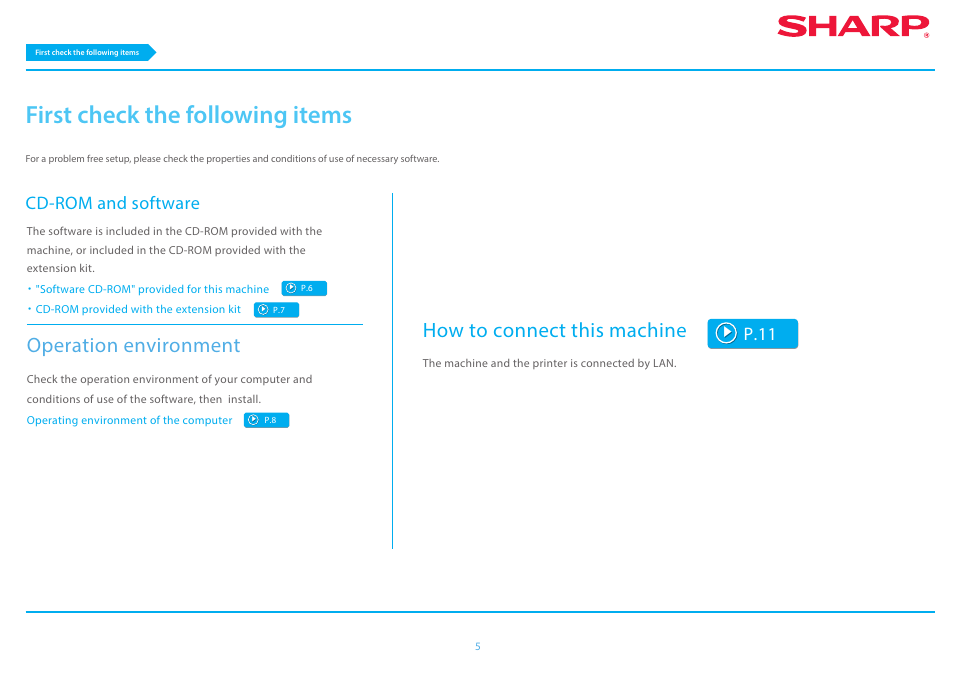 P. 5, First check the following items p.5, First check the following items | Operation environment, How to connect this machine, Cd-rom and software, P.11 | Sharp MX-6070N User Manual | Page 5 / 46