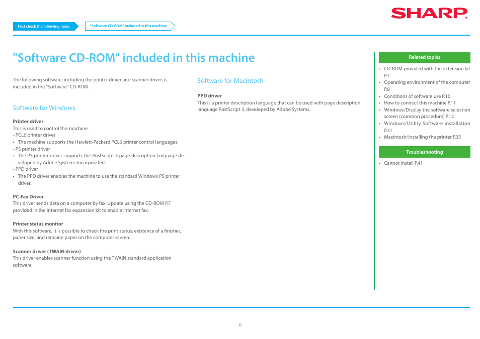 Software cd-rom" included in this machine p.6, Software cd-rom" included in this machine | Sharp MX-6070N User Manual | Page 6 / 46