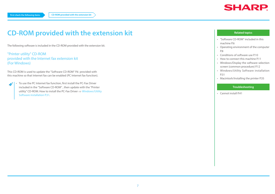 Cd-rom provided with the extension kit p.7, Cd-rom provided with the extension kit, E using the cd-rom p.7 | Sharp MX-6070N User Manual | Page 7 / 46