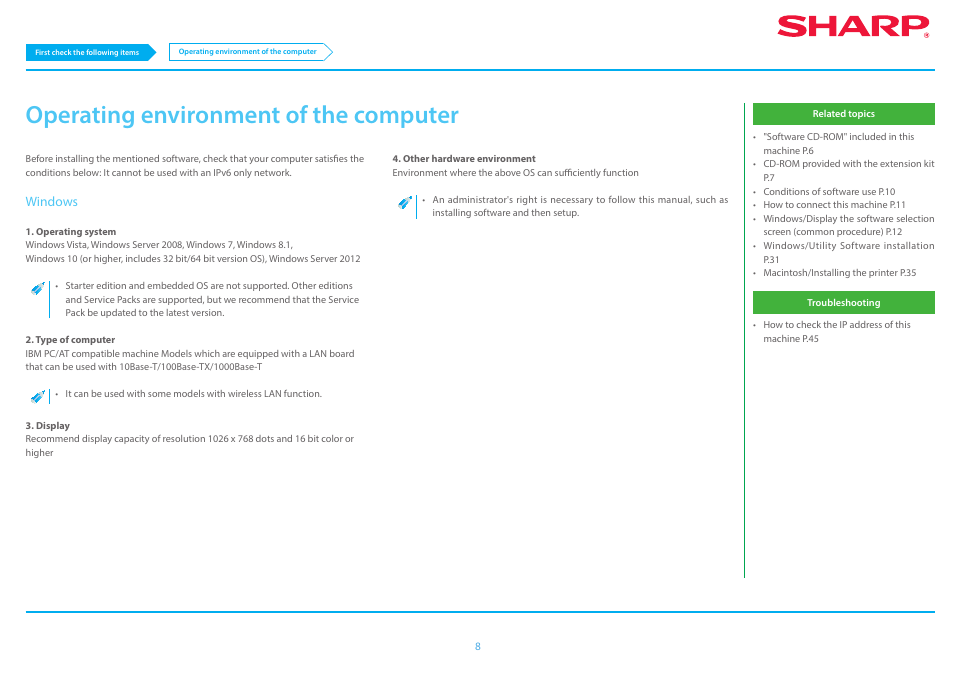 Operating environment of the computer p.8, Operating environment of the computer | Sharp MX-6070N User Manual | Page 8 / 46