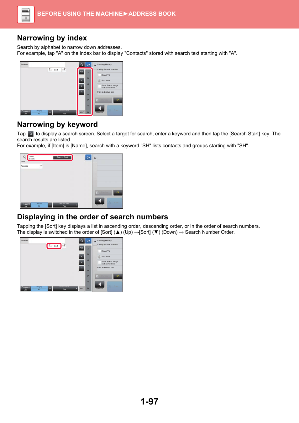 Narrowing by index, Narrowing by keyword, Displaying in the order of search numbers | Before using the machine ►address book | Sharp MX-6070N User Manual | Page 100 / 935