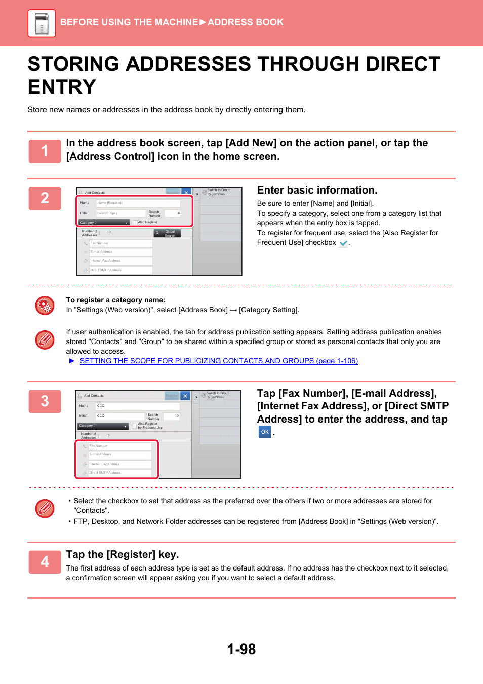 Storing addresses through direct entry -98, Storing addresses through direct entry, Enter basic information | Tap the [register] key, Before using the machine ►address book | Sharp MX-6070N User Manual | Page 101 / 935