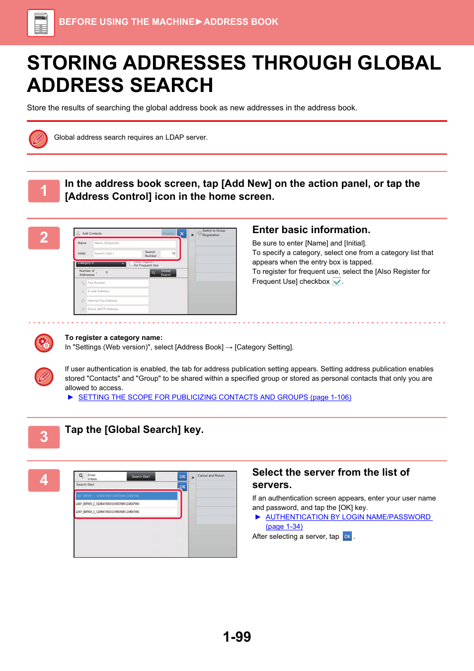 Storing addresses through global address search, Enter basic information, Tap the [global search] key | Select the server from the list of servers, Before using the machine ►address book | Sharp MX-6070N User Manual | Page 102 / 935